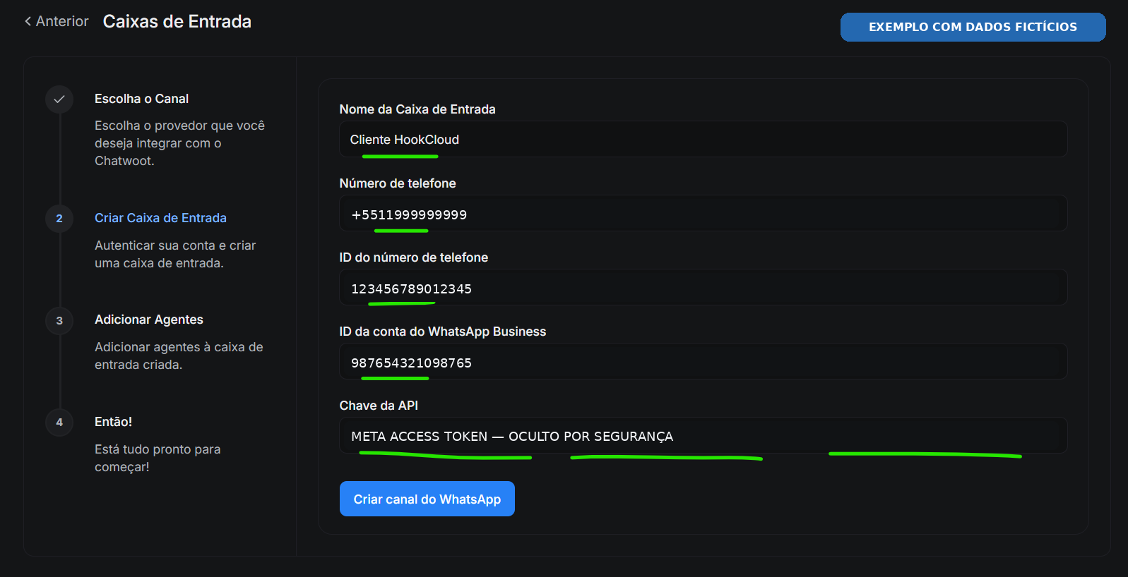 Tela do Chatwoot para criar caixa de entrada do WhatsApp com nome, número, Phone Number ID, WABA ID e token Meta
