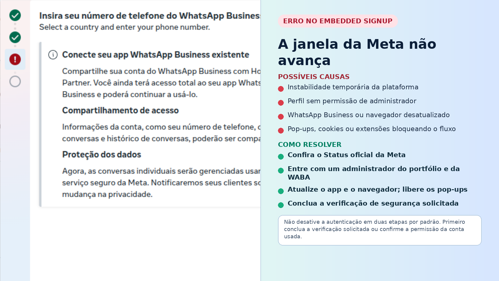 Possíveis causas de falha no Embedded Signup: indisponibilidade da Meta, falta de permissão administrativa, configuração de segurança, aplicativo desatualizado e bloqueio de pop-up