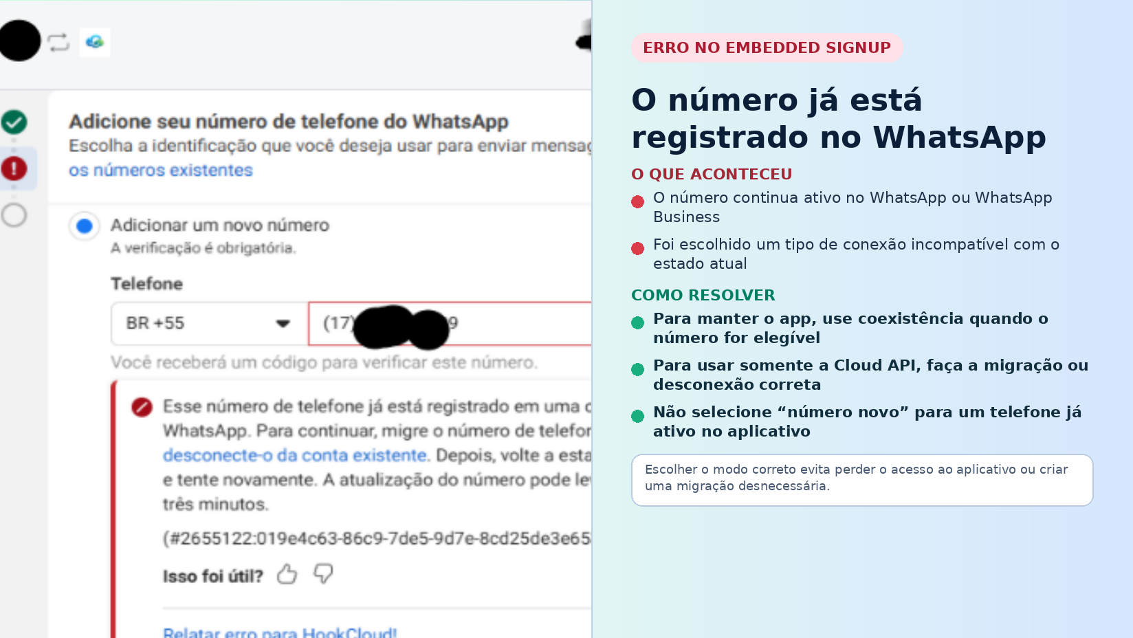 Erro ao registrar na Cloud API um número que já está registrado em uma conta do WhatsApp