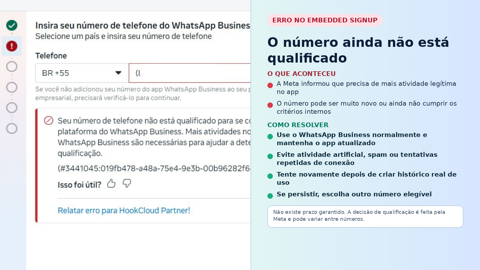 Número novo sem atividade no WhatsApp durante o Embedded Signup